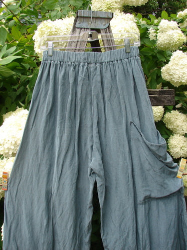 Bluefishfinder.com Barclay Silk Dimension Pant in unpainted dark sage, size 1, with a loose, draped silhouette and gathered elastic waistband. The silk fabric has a soft matte sheen and layered side pocket detail, hanging on a clear hanger against white hydrangeas and green foliage.
