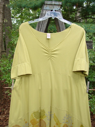 Barclay Gather Sectional Banded Petal Dress Whimsical Garden Split Pea Size 1 displayed on a clothes hanger, showcasing its unique dippy hemline, horizontal panels, and bell accent sleeves.