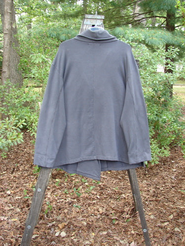 Barclay Interlock Side Button Jacket Sky Plum Size 2 displayed on a wooden stand, featuring a hood, wide sleeves, and off-set button line, embodying cozy and artistic design elements.