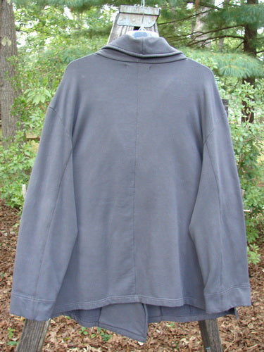 Barclay Interlock Side Button Jacket Sky Plum Size 2 displayed on a hanger, showcasing wide sleeves, a double-lined collar, front button line, curvy seams, double slit pockets, and upward scoop rear hemline.