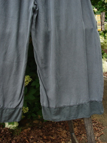 Bluefishfinder.com Barclay Lyocell Flutter Bottom Wide Leg Pant in Unpainted Light Storm, size 0, shown in a soft gray-blue lyocell with a fluid wide-leg drape and fluttered hem. The fabric falls in clean vertical folds, with stitched lower edges against a leafy outdoor backdrop.