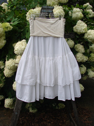 Bluefishfinder.com Barclay Linen Fold Over Two Tier Trinity Skirt in unpainted white, size 0, with a folded linen waistband and two soft tiered layers that drape in airy, gathered panels. The skirt hangs from a weathered wooden ladder amid dense white hydrangeas and dark green foliage, creating a pale, textured composition.