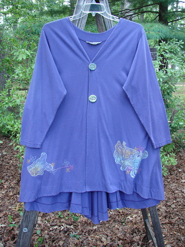 1996 Dining Car Jacket Travel Niagara Size 1 featuring a deep V-neckline, artisan porcelain buttons, tabbed and painted back accent, and deep side pockets, displayed on an outdoor background.