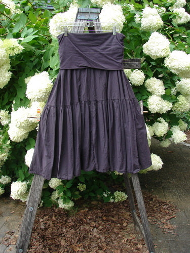 Bluefishfinder.com Barclay Linen Fold Over Single Tier Trinity Skirt in unpainted plum wine, size 0, hangs from a rustic wooden ladder and shows a wide folded-over waistband, a single gathered tier, and a soft linen texture in deep purple. White hydrangeas frame the skirt against lush green foliage.