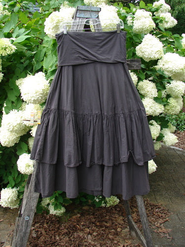 Bluefishfinder.com Barclay Linen Fold Over Two Tier Trinity Skirt Unpainted Brum Size 0 in dark charcoal linen, shown with a wide fold-over waistband and two layered tiers of soft, gathered fabric. It hangs from a wooden ladder outdoors, framed by dense green leaves and white hydrangea blooms.