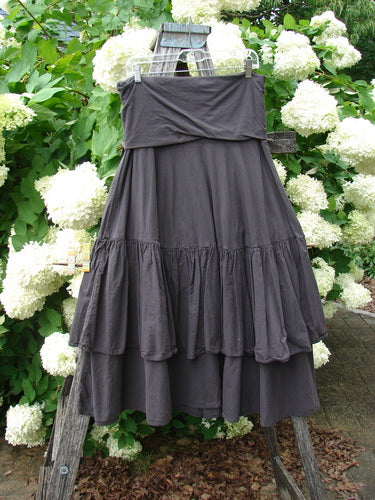 Bluefishfinder.com Barclay Linen Fold Over Two Tier Trinity Skirt, size 0, in unpainted Brum, hangs from a clip hanger in a dark charcoal tone. The linen skirt shows a folded-over waistband, layered two-tier construction, and gathered ruffled hem against white hydrangeas and green foliage.