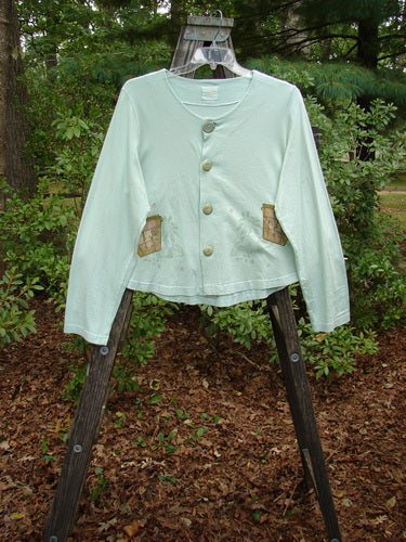 1999 Coffee Top Flowerpot Mint Size 1, featuring a super sweeping rounded hemline and ceramic button closures, displayed on a hanger against a neutral backdrop.