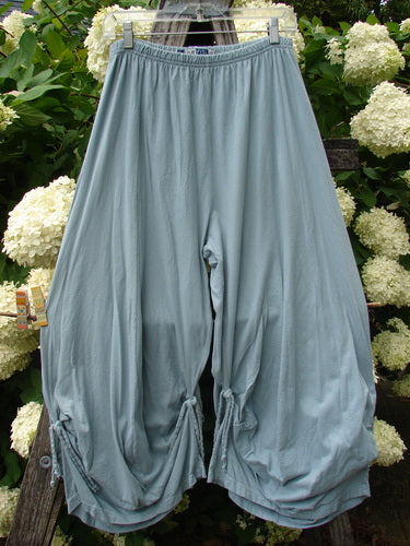 Bluefishfinder.com Barclay Crop Tie Bottom Crop 4 Square Pant in unpainted Blue Cloud, size 0, shown as loose cropped pants with gathered hems and tie details at the cuffs. The airy blue fabric hangs in soft folds against a backdrop of white hydrangea blooms and dark greenery.