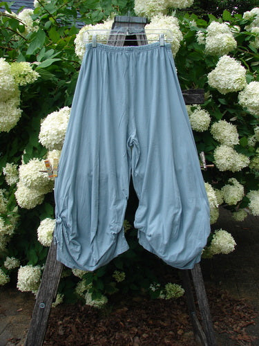 Bluefishfinder.com Barclay Crop Tie Bottom Crop 4 Square Pant in unpainted blue cloud, size 0, shown as loose cropped pants with a gathered elastic waist and tie hems. The soft, airy fabric hangs in rounded folds against a leafy backdrop with white hydrangea blooms.