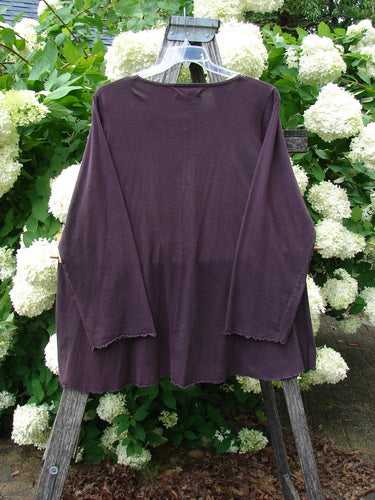 Bluefishfinder.com Barclay Long Sleeved Studio Cafe Tee in celestial purple plum, size 2, hangs from a clear hanger with a relaxed drape and long sleeves. The soft knit fabric has a slightly raw hem, set against white hydrangea blooms and green foliage.