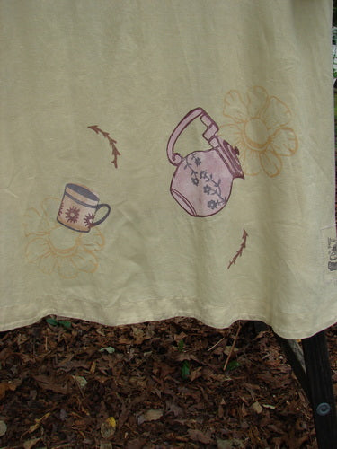 1999 Cream and Sugar Coat Pitcher Plantain OSFA features a teapot and cups on a tablecloth, showcasing a V shape neckline, deep side pockets, and a single oversized shell button closure.