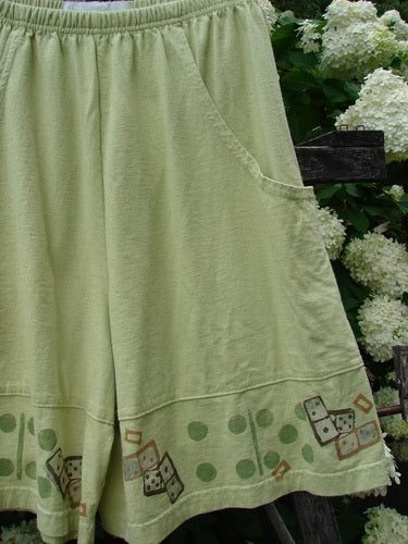Bluefishfinder.com 1998 Boxer Short Continuous Domino Clover Size 1 in pale green cotton, with an elastic waistband, loose drape, and a hem bordered by domino and clover motifs. The shorts hang against dark wood and white flowers, creating a soft, textured contrast.