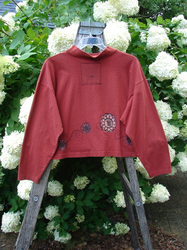 Bluefishfinder.com 1997 Structure Top Continuous Pinwheel Brick OSFA in brick red, a long-sleeve cropped top with a high mock neck and sheer, lightweight fabric. Circular pinwheel motifs cluster near the hem while it hangs on a wooden ladder before white hydrangeas and green foliage.