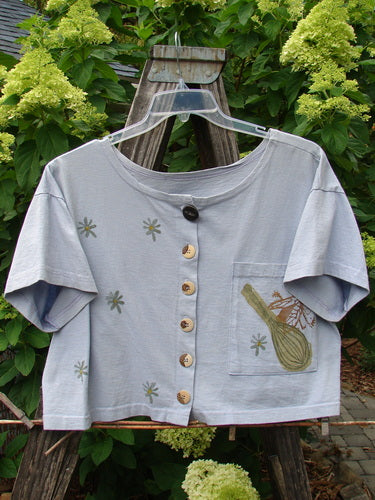 1994 Song Top Vintage Kitchen Garden Lavender Size 1 displayed on a hanger, featuring a wide boxy shape, shallow neckline, oversized front painted pocket, and vintage buttons.