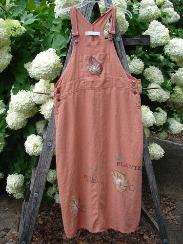 Bluefishfinder.com 1998 Botanicals Planters Overall Jumper Leaf Mimosa Size 0 in faded terracotta cotton, a sleeveless overall dress with crossed back straps and a loose, knee-length silhouette. Leaf and botanical prints are scattered across the front, hanging against an A-frame easel amid white hydrangea blooms.