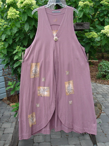 1996 State Fair Vest Pine Twig Laurel Size 1 featuring an oversized button, double-paneled hemline, and a unique pine twig design, showcasing a wide A-line shape made from organic cotton.