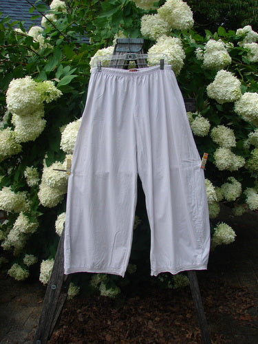 Bluefishfinder.com Barclay Batiste Tiny Flutter Pocketless Pant in unpainted pale pink, shown as airy wide-leg pants with a soft gathered waistband and fluttery hems. The lightweight fabric hangs in a clean, loose drape against white hydrangea blooms and dark greenery.