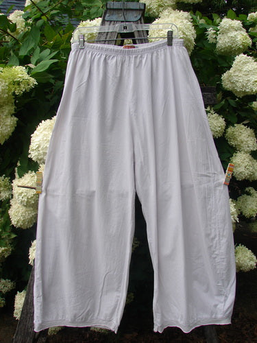 Bluefishfinder.com Barclay Batiste Tiny Flutter Pocketless Pant in unpainted pale pink, size 1, shown as loose, wide-leg pants with a softly gathered elastic waistband and fluttery hems. The lightweight batiste fabric hangs in a smooth, airy drape against a leafy floral backdrop.