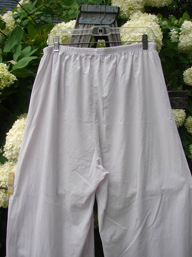 Bluefishfinder.com Barclay Batiste Tiny Flutter Pocketless Pant in unpainted pale pink, a loose, airy pair of pants with a gathered elastic waistband and smooth batiste-like drape. They hang from a metal clip hanger in front of dense green foliage and white blossoms.