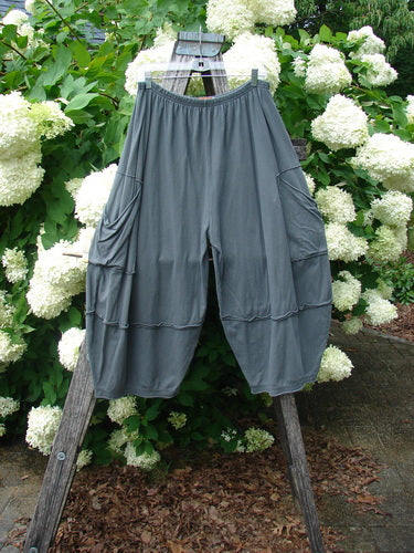 Bluefishfinder.com Barclay Crop 2 Pocket Barrel Pant in Unpainted Steel Night, size 1, shown as loose gray cropped barrel pants with oversized side pockets and a softly draped, matte fabric. They hang from a wooden ladder amid white hydrangeas and green foliage.