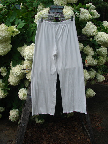 Barclay Raw Edge Wide Leg Pocketless Pant in unpainted natural, size 1, hangs from a wooden rack and falls in a loose, straight drape. The pale fabric has raw hems, a flat waistband, and no visible pockets, set against dense white hydrangeas and dark green foliage.
