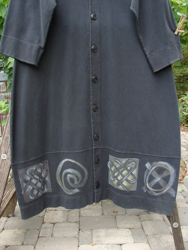 2000 Interlock Glassgow Coat Dress Celtic Black Size 1 from Fall 2000 Collection, featuring oversized buttons, wide swingy hem, and Celtic theme paint design.