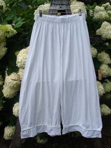Barclay Flutter Bottom Pocketless Pant in unpainted white, size 1, with a wide-leg silhouette and softly flared hems. The lightweight fabric has a smooth, slightly sheer finish, hanging from a hanger against dark wood and pale hydrangeas.