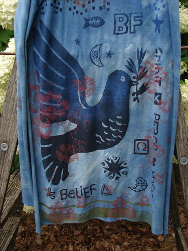 Bluefishfinder.com Barclay Scarf Wrap Belief Spirit Magic Love Dove Echo Blue OSFA, a blue scarf wrap printed with a large dove graphic, BF lettering, stars, and Belief text. The soft, draped fabric hangs vertically with a faded, layered pattern.