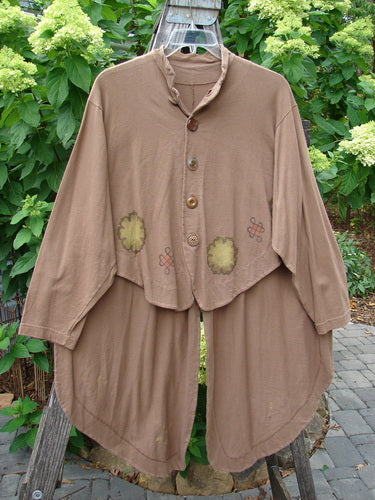 1997 Tails Jacket Day Cloud Mandorla OSFA featuring floral design, oversized buttons, mandarin neckline, and unique flared tuxedo tails, crafted from mid-weight organic cotton for a special vintage look.