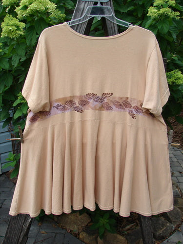 1997 Ocean Pearl Dress Leaf Band Driftwood Size 2, featuring a delicate brown leaf design on organic cotton, with a rounded neckline, tiny painted pocket, and slight empire waist seam.