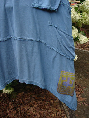 Bluefishfinder.com Barclay Raw Seam Vector Tunic Dress Daisy Folly Echo Blue Size 1, a loose blue tunic dress with raw seam detailing, a curved draped hem, and a small printed motif near the lower edge. The soft, worn fabric hangs in layered folds against an outdoor backdrop of flowers and mulch.