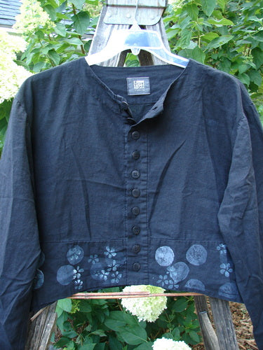 2000 Light Hemp Crop Curve Jacket Moonflower Black Altered Size 1 featuring a unique blue spot design, variegated buttons, and a downward back yoke, highlighting its dynamic drape and swing.