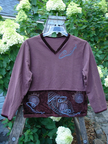 1996 Velvet Arrowhead Top Spicewood Altered Size 1 with a V neckline, velvet cuffs, and a painted waistline, showcasing its unique dropped shoulders and shorter, slimmer fit.