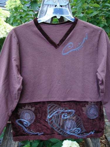 1996 Velvet Arrowhead Top Spicewood Altered Size 1, featuring a V neckline, lower velvet accents, and a painted dropped waistline on stretch velvet and cotton jersey with shortened length and slimmer sides.