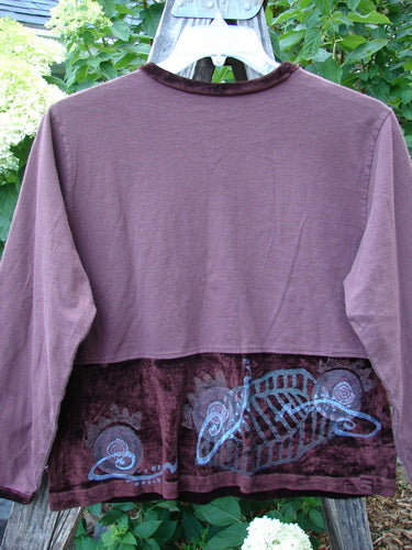 1996 Velvet Arrowhead Top Spicewood Altered Size 1, featuring long sleeves, a V neckline with velvet accents, and a painted dropped waistline in perfect condition.