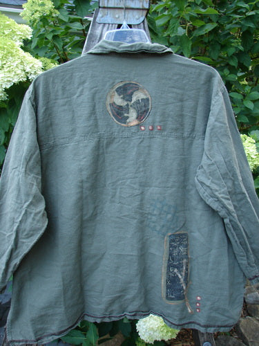 Barclay Hemp Cotton Metal Button Workshirt, featuring Asian script detail and exterior contrasting stitchery, with a stand-up collar and full metal button front.