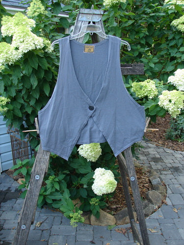 Barclay Calligrapher's Crop Vest in Stone Grey displayed on a wooden rack, showcasing its deep V neckline, single button closure, dramatic front points, and deep arm openings.