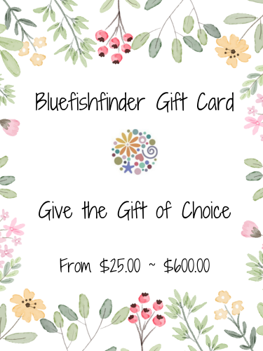 A Bluefishfinder Gift Card featuring flowers and leaves, perfect for someone special. Delivered via email, it can be used online or via phone order. Never expires, with balance tracking.