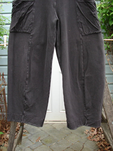 Barclay Interlock Cuff Toboggan Reversible Pant Unpainted Black Size 1 draped over a fence, showcasing fleece-cuffed lowers and oversized pockets, embodying the unique, creative style of vintage Blue Fish Clothing.