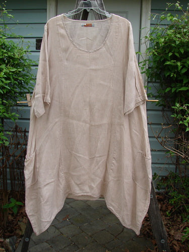Barclay Linen Drop Pocket Bell Dress Unpainted Sand Size 1 hanging on a clothesline, showcasing its A-line shape, three-quarter sleeves, and dual exterior pockets, embodying vintage style from Bluefishfinder.com.