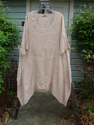 Barclay Linen Drop Pocket Bell Dress Unpainted Sand Size 1 hangs on a clothesline, showcasing its A-line shape, curved seams, and three-quarter sleeves, embodying Bluefishfinder's vintage style and individuality.