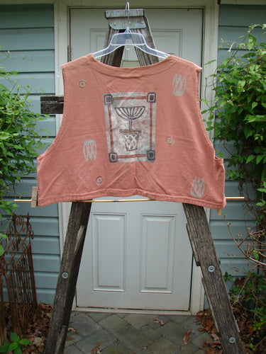 1994 Spruance Vest Topiary Cliff OSFA displayed on a wooden ladder, showcasing its generous rear paint with a topiary theme and unique crop layering length, featuring dual paper button closure.