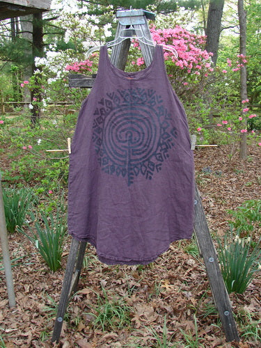 Barclay Linen Round Bottom Primitive Circle Murple Size 1 tank top on a wooden rack, featuring a spiral pattern and slightly belled side hemline, embodying BlueFishFinder's vintage style.