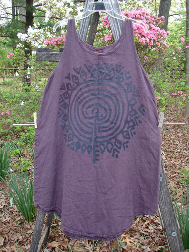 Barclay Linen Round Bottom Primitive Circle Murple Size 1, featuring a spiral design on medium-weight linen, showcases a scoop neckline and widening A-line shape, reflecting Bluefishfinder.com's vintage style.