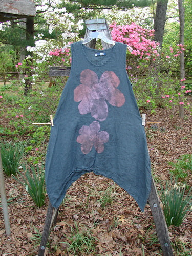 Barclay Linen Side Dip Pinafore Double Blossom Hunter Gray Size 0, featuring a scoop neckline, widening A-line shape, rounded hem, and floral patterns, reflecting Bluefishfinder's vintage, individualistic style.
