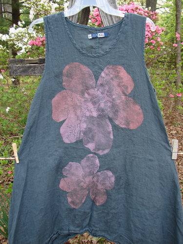 Barclay Linen Side Dip Pinafore Double Blossom Hunter Gray Size 0, featuring a scoop neckline and A-line shape with pink flower pattern, highlighting Blue Fish Clothing's creative vintage style.