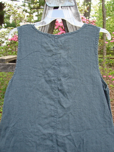 Barclay Linen Side Dip Pinafore Double Blossom Hunter Gray Size 0, displayed on a hanger, features a sleeveless design with a scoop neckline and widening A-line shape, highlighting its distinctive double blossom pattern.