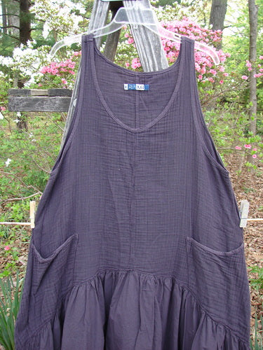 Barclay Gauze Dual Pocket Varano Jumper Unpainted Plum Size 0, displayed on a clothesline, features a textured upper bodice, oval neckline, and deep pockets, highlighting BlueFishFinder's unique vintage style.