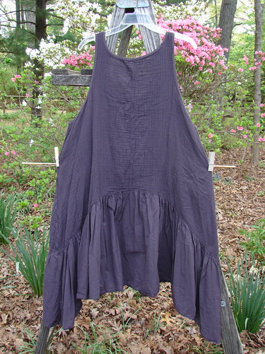 Barclay Gauze Dual Pocket Varano Jumper Unpainted Plum Size 0 hanging on a clothesline, showcasing its textured upper bodice, deep pockets, and flowing batiste lower flounce.