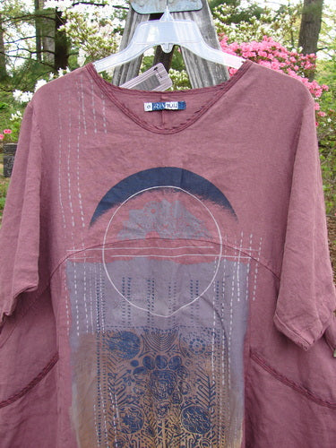 Barclay NWT Heavy Linen Oversized Zen Pocket Dress Centered Rose Canyon Size 0, showcasing a downward curved empire waist, dual exterior drop pockets, and sectional panels, highlighting its unique design features.